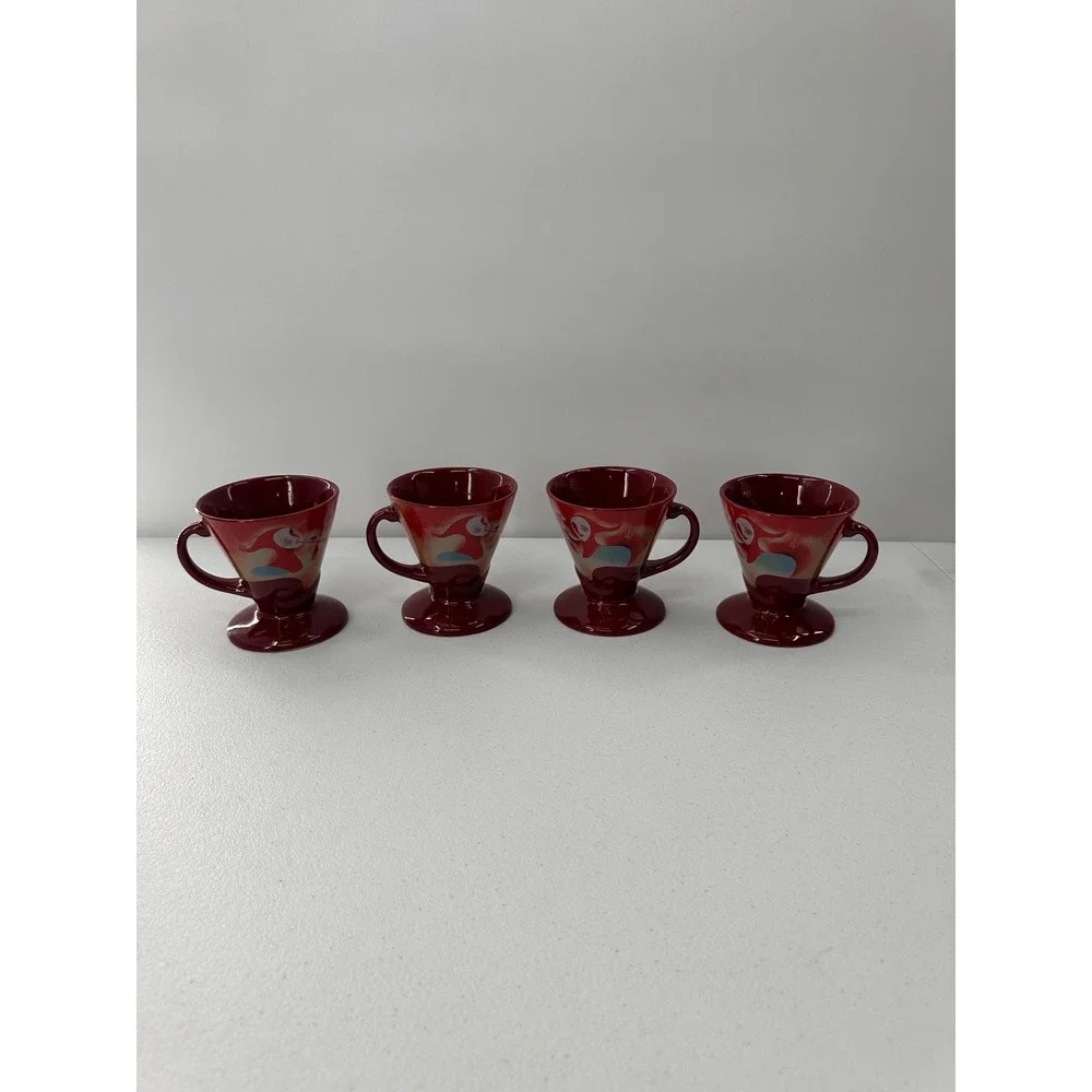 Frangelico Liqueur Mugs Set 4 Linda Spivey 1999 Burgundy Red Pedestal Coffee Cup
